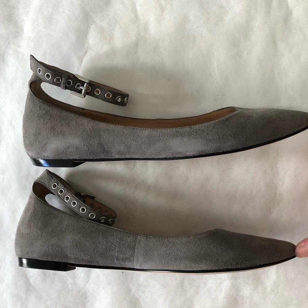 Grey suede ankle closure flats